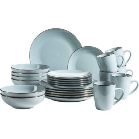 Ceramic Stoneware Metallic Rim Dinner Plates Set Dessert Sideplates Cups Bowls Dinnerware Set 16-Piece- Blue