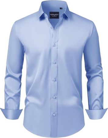 Gentle Men's Slim Fit Dress Shirts Long Sleeve Stretch Wrinkle-Free Solid Business Formal Casual Button Down Shirt Blue