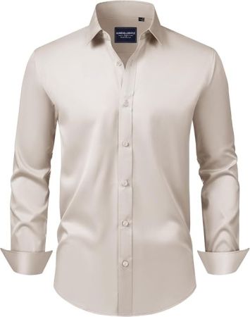 Gentle Men's Slim Fit Dress Shirts Long Sleeve Stretch Wrinkle-Free Solid Business Formal Casual Button Down Shirt - Beige color