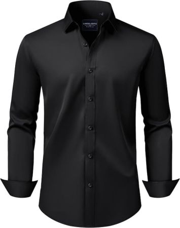 Gentle Men's Slim Fit Dress Shirts Long Sleeve Stretch Wrinkle-Free Solid Business Formal Casual Button Down Shirt Black