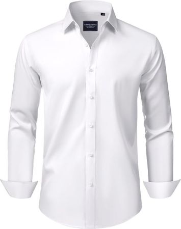 Gentle Men's Slim Fit Dress Shirts Long Sleeve Stretch Wrinkle-Free Solid Business Formal Casual Button Down Shirt White