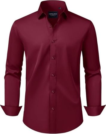 Gentle Men's Slim Fit Dress Shirts Long Sleeve Stretch Wrinkle-Free Solid Business Formal Casual Button Down Shirt Wine Red