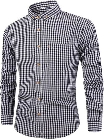 Men's Causal Shirt Checked Long Sleeve Cotton Button Down Traditional Tops Slim Fit Classic Formal Plaid Menswear with Pocket Black-White