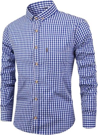 Men's Causal Shirt Checked Long Sleeve Cotton Button Down Traditional Tops Slim Fit Classic Formal Plaid Menswear with Pocket Dark blue