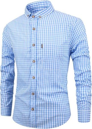Men's Causal Shirt Checked Long Sleeve Cotton Button Down Traditional Tops Slim Fit Classic Formal Plaid Menswear with Pocket Light Blue