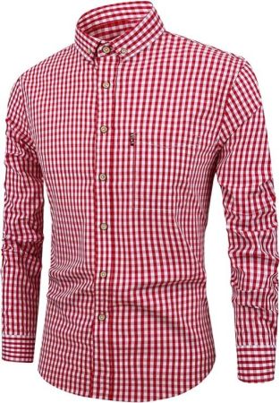 Men's Causal Shirt Checked Long Sleeve Cotton Button Down Traditional Tops Slim Fit Classic Formal Plaid Menswear with Pocket Red-White