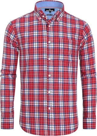 Men's Plaid Button Down Shirts Cotton Long Sleeve Dress Shirts Regular Fit Gingham Shirts Red Color
