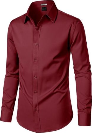 Men's Wrinkle Free Long Sleeve Dress Shirt Business Casual Modern Slim Fit Button Down Shirts for Wedding and Office-Burgundy Color